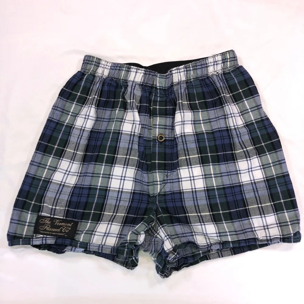 The Vermont Flannel Co Blue Green Plaid Flannel Boxers Small Mens Lounge Shorts